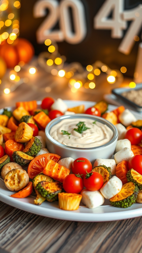 A colorful snack platter with roasted vegetables, cheese cubes, and hummus on a festive table.